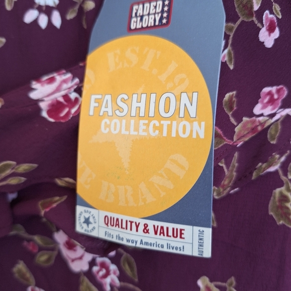 Plus Sz16/18 New Tags Faded Glory Blouse BOHO Maroon Floral Ruffle Scoop Neck - Picture 5 of 13